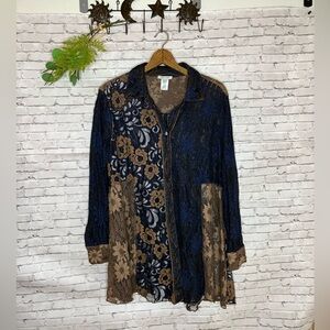 John Mark Navy Blue Brown Lace Patchwork Swing Button Down Tunic